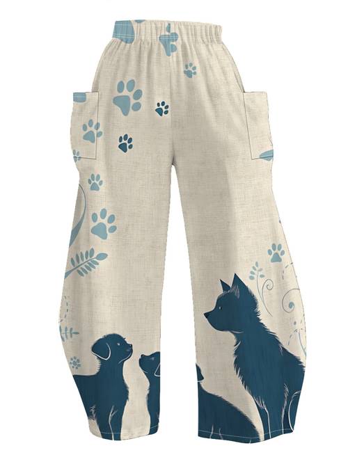 womens full length wide leg pants with elastic high waist large side pockets suitable for pet lovers loose fit trousers with dog paw print leaf branches linen texture floor sweeping pants for casual wear machine washable