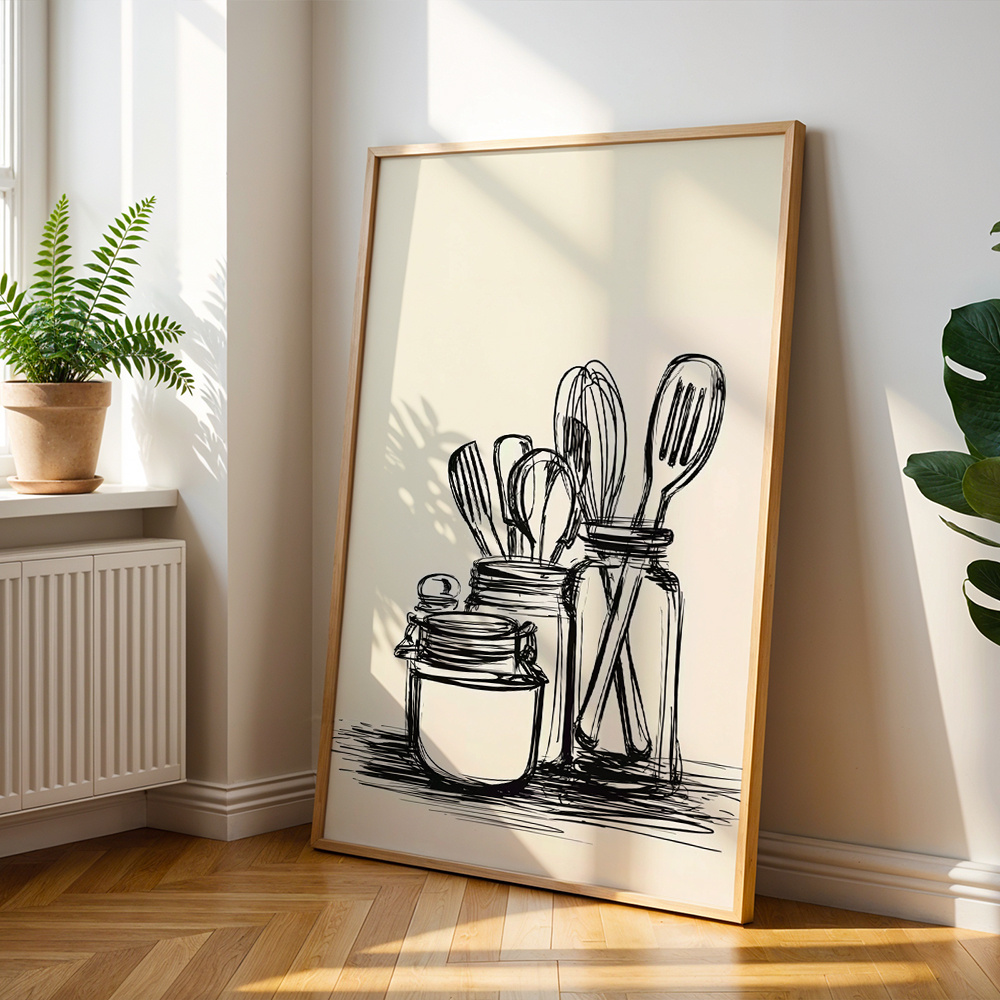 E-shop 2D Flach, Küchenutensilien-Wand – Utensilien-Glas-Drucke geeignet, Schlafzimmer, Wohnzimmer Dekor – Ungerahmte Leinwanddrucke mit