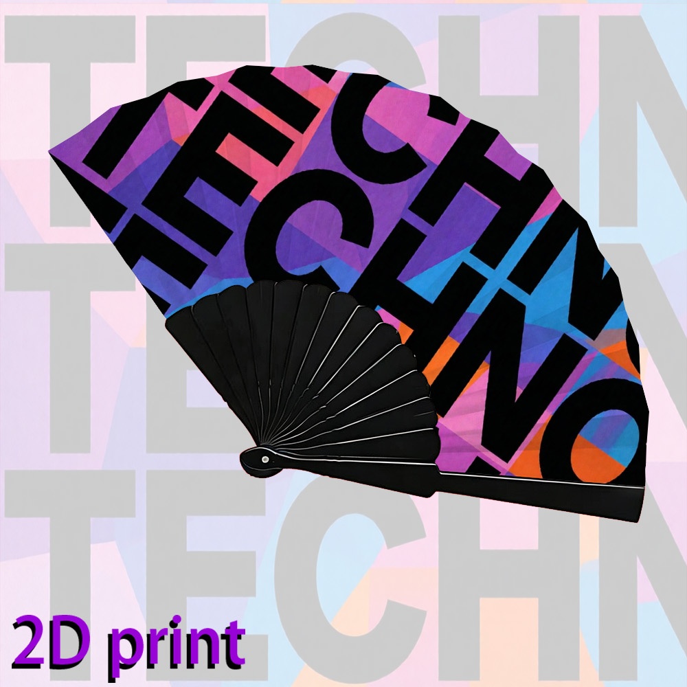 TEMU 2d Flat - Techno Text Geometric Print Folding Hand Fan 2d Printing 7-inch Small Black Plastic Frame Folding Hand Fan Portable Cooling Accessory