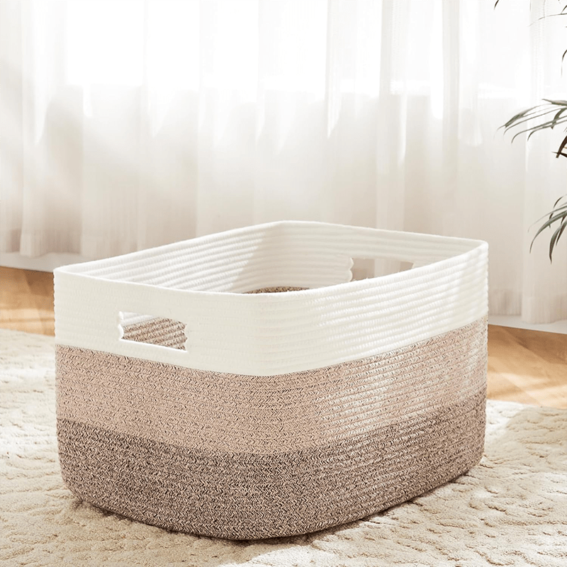 Large Woven Rope Storage Basket- Double Handle Design, 70L Capacity, Black and Beige Stripe Design, Great for, Laundry, Nursery and Living Room Organisation, 55x43x30cm, Laundry Basket, Storage Basket, Sturdy Handle Design, Shelf Basket, Shelf Baskets