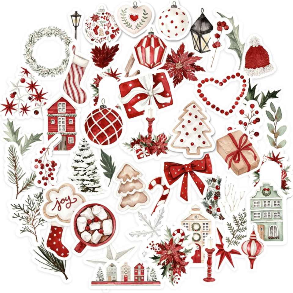 TEMU 52 Retro Weihnachtsaufkleber - Aquarell-Feiertags-Geschenkaufkleber mit Keksen, Glaskugeln, , Socken, Tannen, Kerzen-Design für