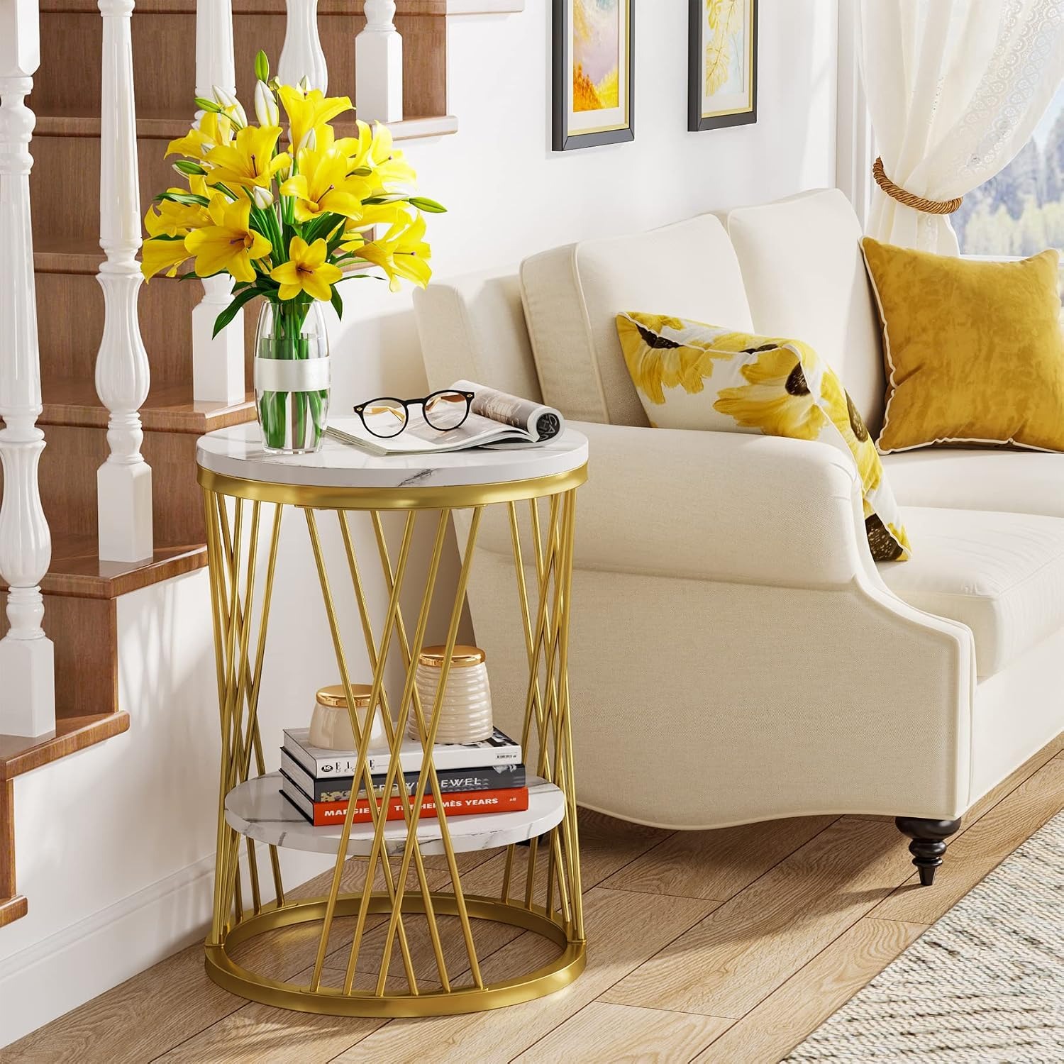 Image of Round Side Table, Modern White And Golden Side Table With Shelves, Two-tier Bedside Table, Slim Coffee And Snack Table For Sofas, Couches, Bedrooms And Living Rooms (white And Golden)