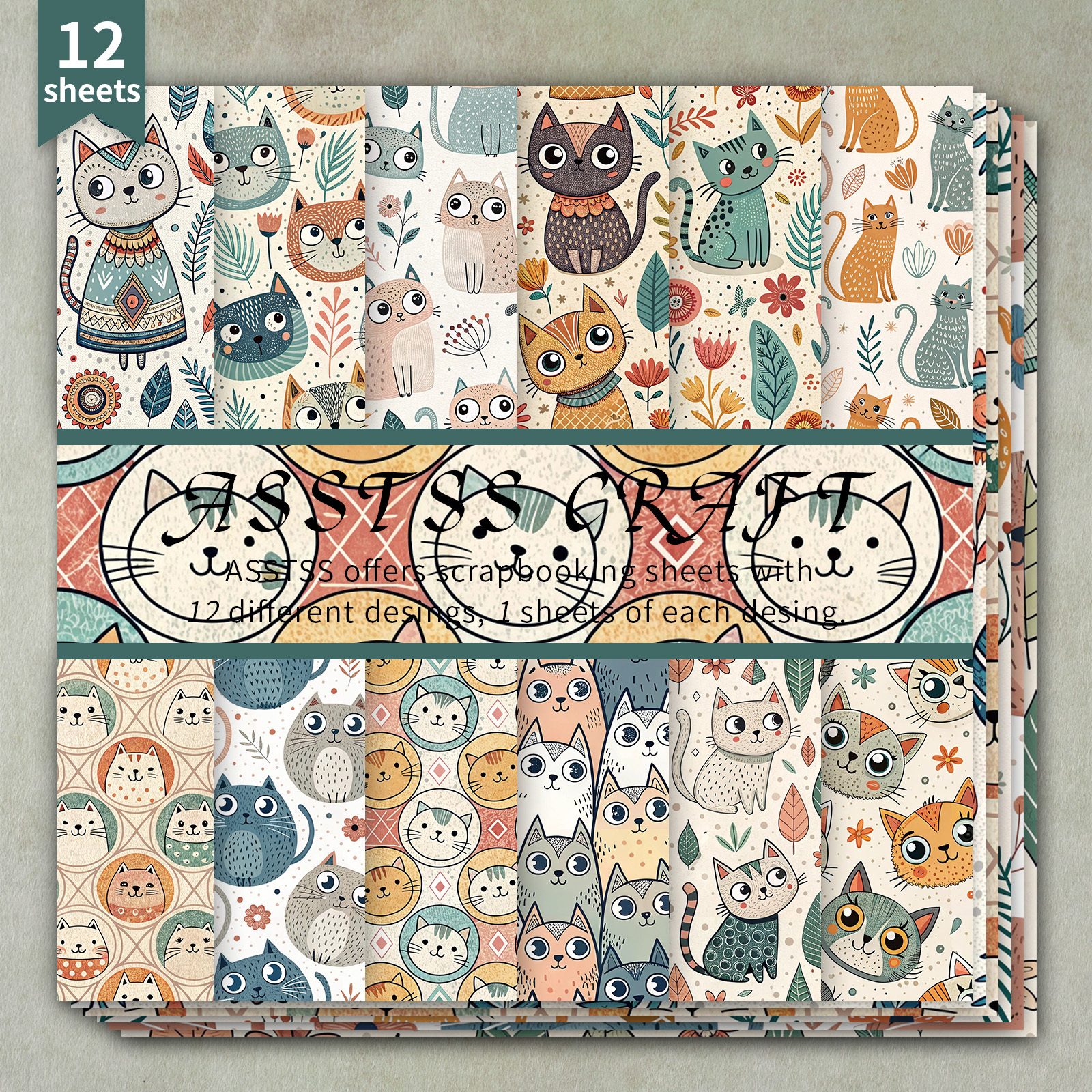 TEMU Bloc de papier scrapbooking ASSTSS de 12 feuilles, pouces, papier de base dessiné à avec des chats dans un style pastoral, papier cartonné épais