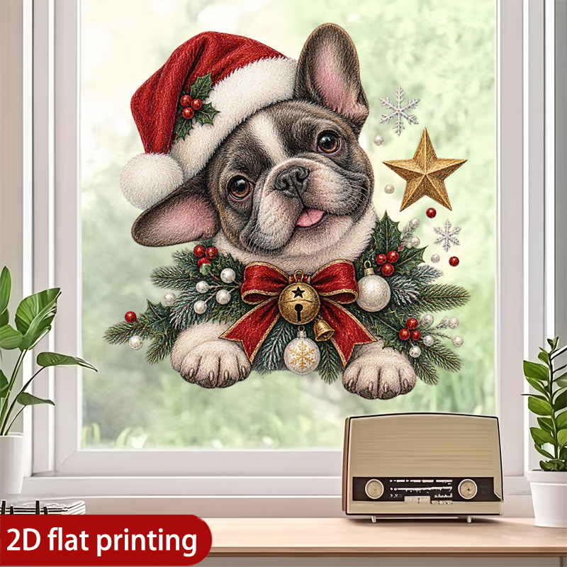 TEMU 2d Flat - 2d Flat - 1pc 2d Flat French Bulldog With Christmas Elements Patterned Window Stickers. Suitable For Bedroom, Bathroom, Kitchen, Home