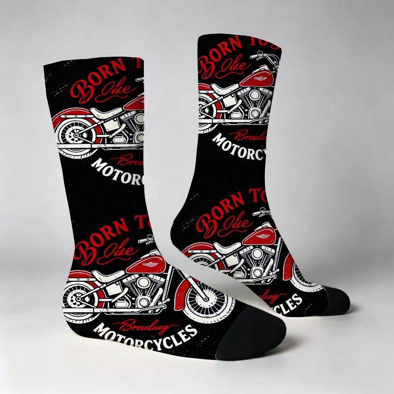 TEMU Vintage Motorcycle Print Mid-calf Socks, Cool Biker Theme Casual Socks, Breathable Moisture-wicking Fashion For Men And Women