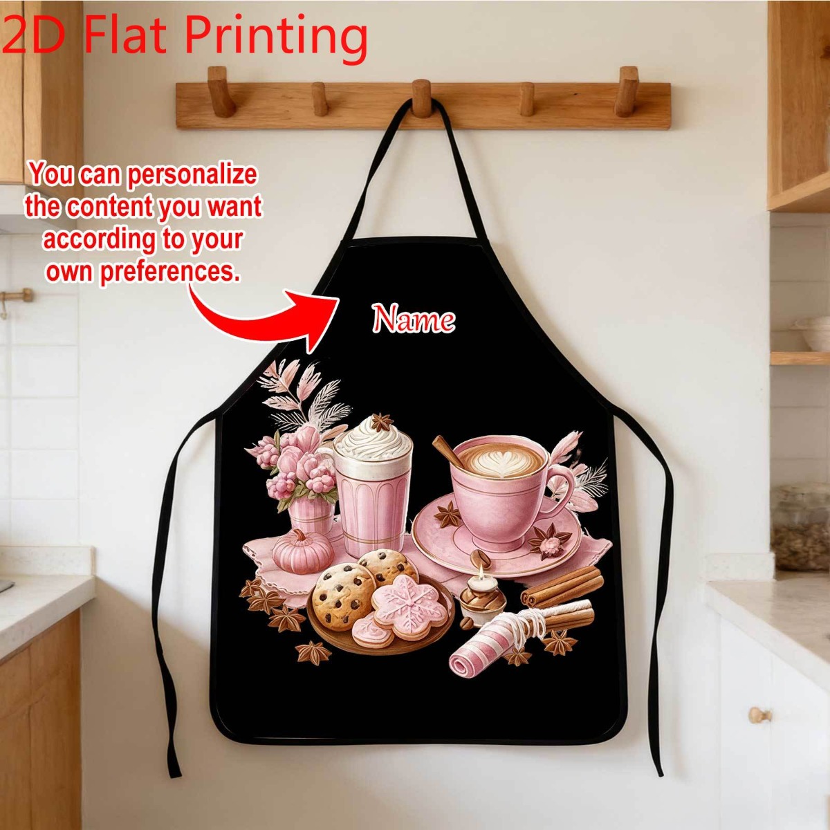 TEMU 1pc Customizable Name Text Pink Coffee Cookie Apron With Autumn Food Floral Print, Multi-style , Suitable For Baking Enthusiasts, , , Kitchen