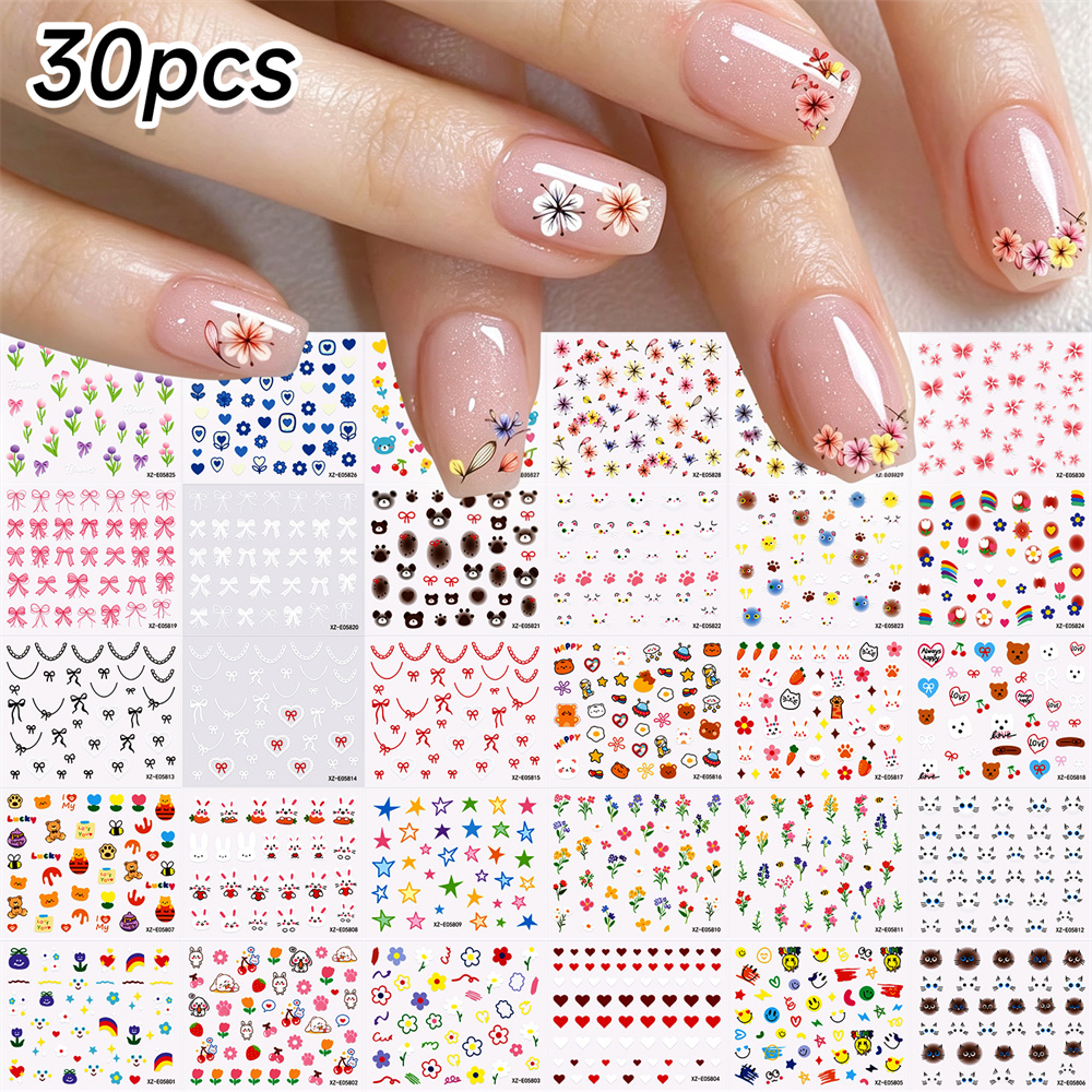 TEMU 30pcs Sticker Set Colorful Floral Bow Heart Cute Animal Self-adhesive Sliders For Salon Beginner Nail Art Decor Work
