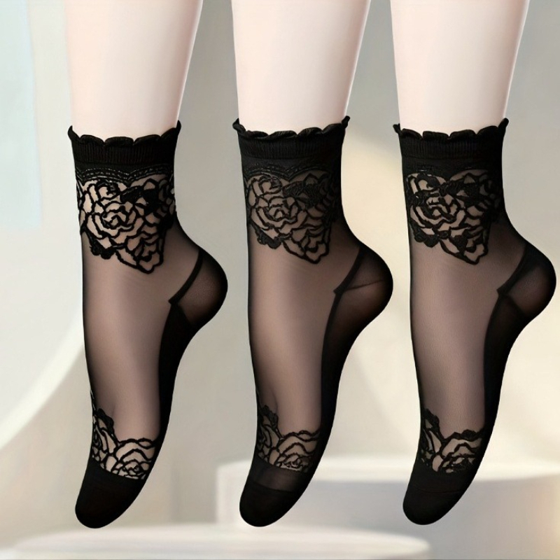 Image of 3 Pairs Of Women's Thin Transparent Lace Short Socks, Comfortable, Breathable, And Non-slip Boat Socks