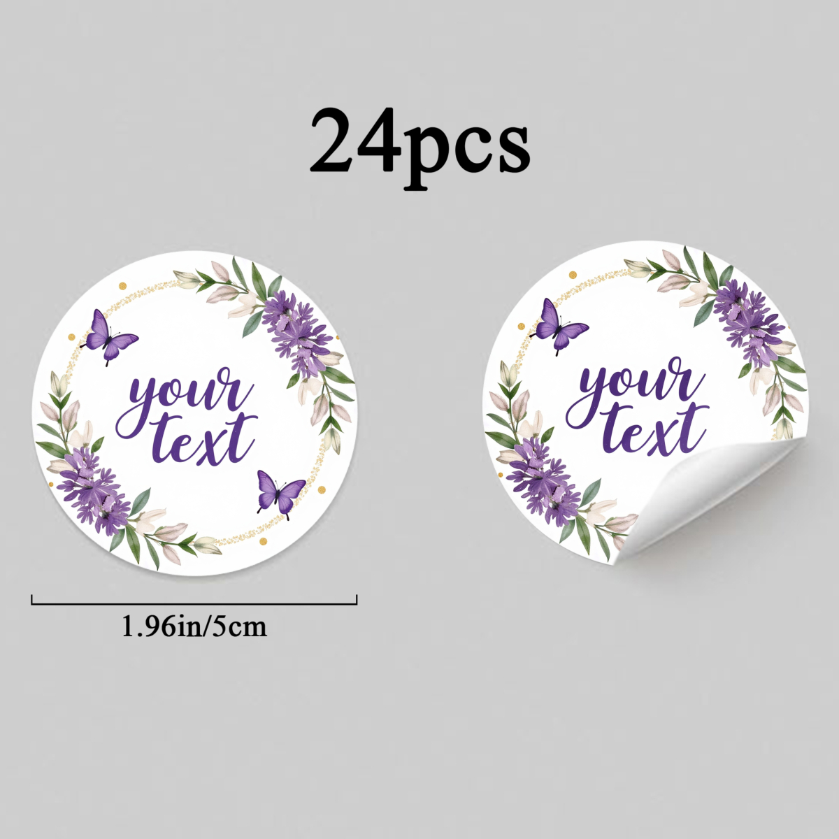TEMU Custom Round Stickers Featuring A Purple Floral Design And Elegant Script Text, In Sets Of 24 Or 48, Perfect For Wedding Party Gift Tags And
