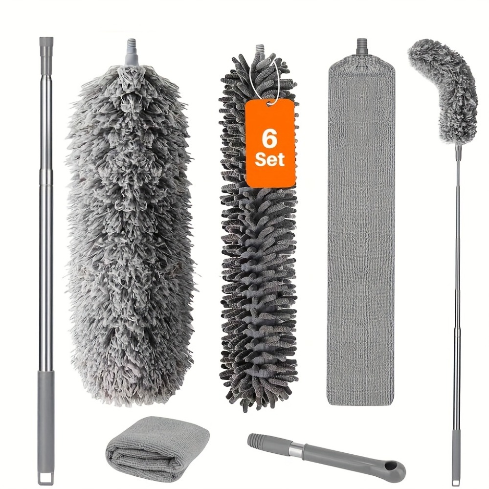 Image of Extendable Car Duster 6pcs Gray Retractable Wand 38 250cm Long Handle Dusting Kit For Car Truck Home Wall Corner Under Furniture