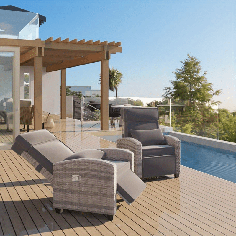 Outdoor Recliner Chair W/ Adjustable Backrest+Footrest, 150° Lay Flat Rattan Patio Recliner with Air Pump+Flip-Up Table+Removable Cushion