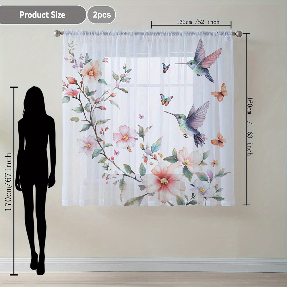 TEMU 2pcs Blue Hummingbird Decor Sheer Curtains With Rod Pocket, Elegant Sheer Drapes Suitable For Kitchen Room Balcony Garden