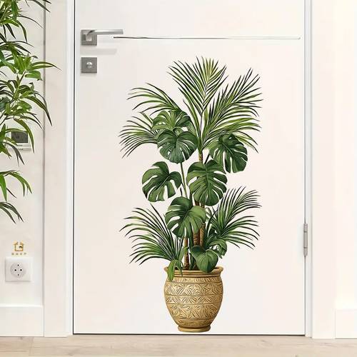 2D Flat Green Leaf Plant Wall Sticker, for Home Decor Living Room Bedroom Door Window, Easy to Apply And Remove, Palm Leaf Pattern, Self- Botanical Wall Art