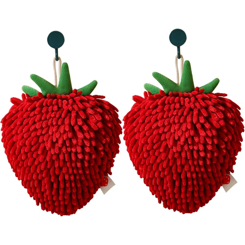 TEMU 2pcs Strawberry Chenille Hand Towels, Super Absorbent Microfiber Hanging Towels, Soft Plush Wipe Cloth For Bathroom, Kitchen, Home Decor