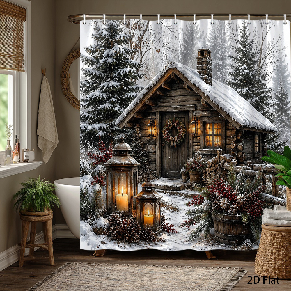 TEMU 1pc Christmas Rustic Winter Snowy Shower Curtain Pine Tree Forest Landscape Vintage Wooden House Nature Scene Bathroom Decor Polyester Fabric