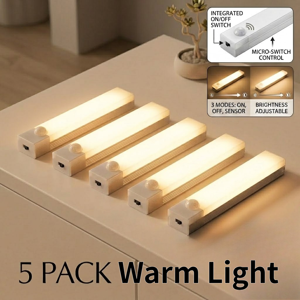 TEMU 5-pack Led Motion Sensor Cabinet Lights, Usb Rechargeable Cupboard Lights With Built-in 150mah Lithium Battery, Magnetic Mounting, Warm White