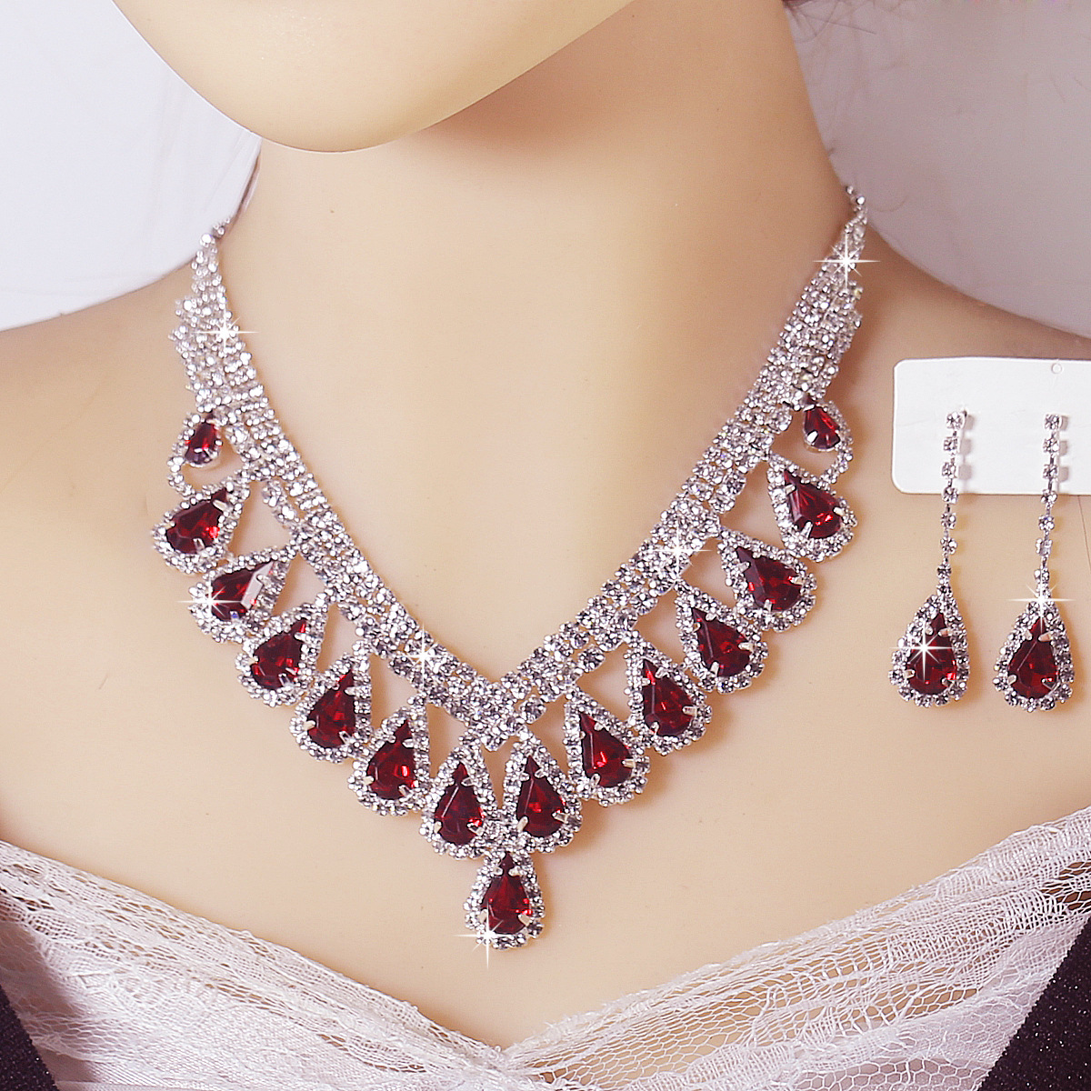 TEMU 2026 New Women's Rhinestone Necklace And Earrings 2pcs Set, Bridal Gown Accessories, Light Luxury Exquisite Necklace, High-end European And