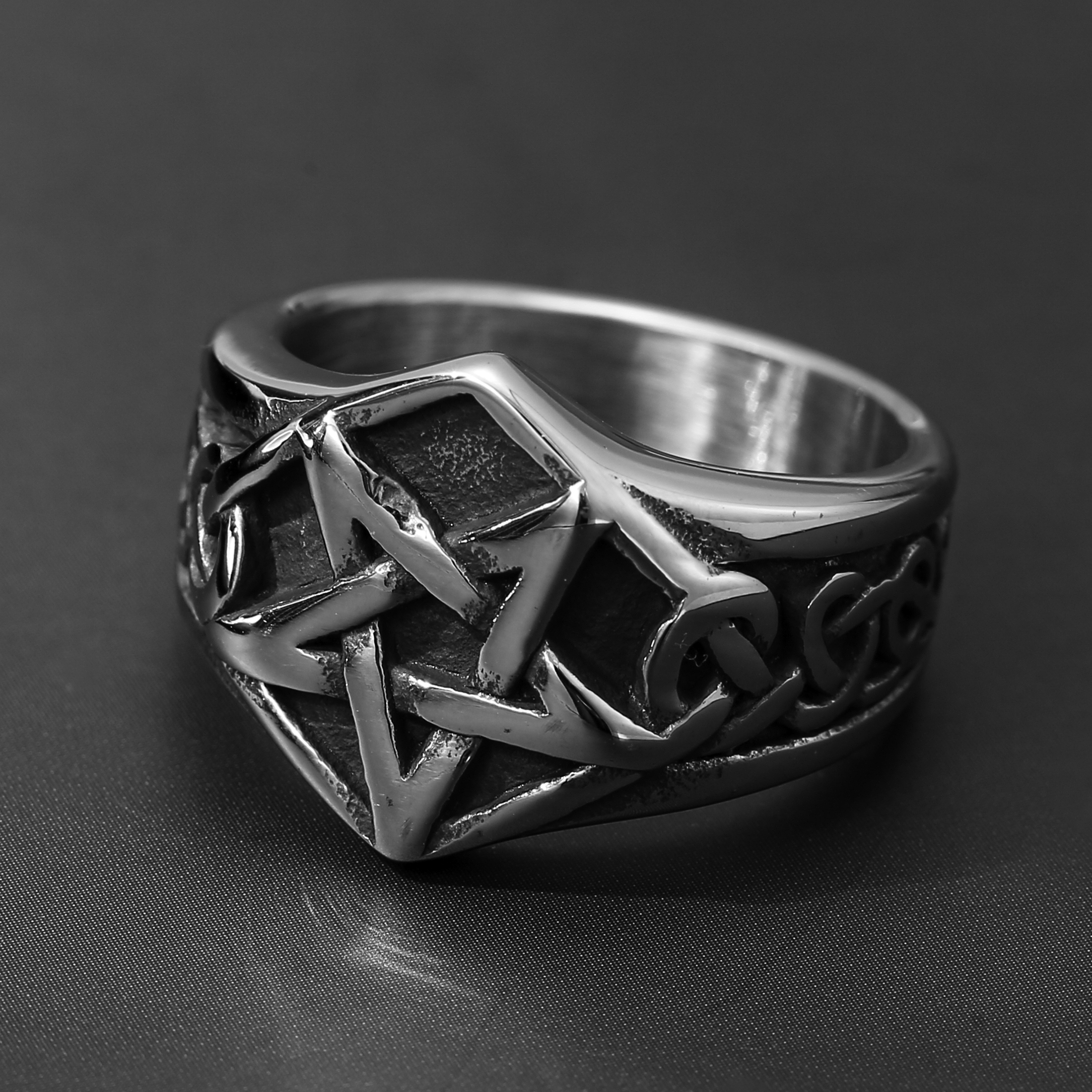 Image of Vintage Antique 304l Stainless Steel Pentagram Celtic Knot Band Ring For Men, Trendy Fashion Style Embossed , Cool Dark Fashion Accessory