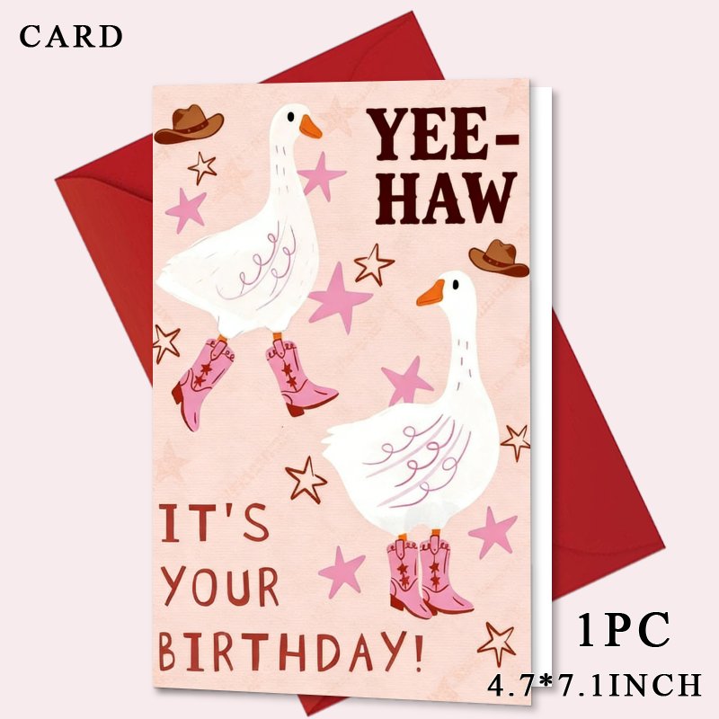 Image of 1 Birthday Card Featuring A Red Envelope, Designed In A Western Style With Cowboy Geese Wearing Pink Boots And Stars