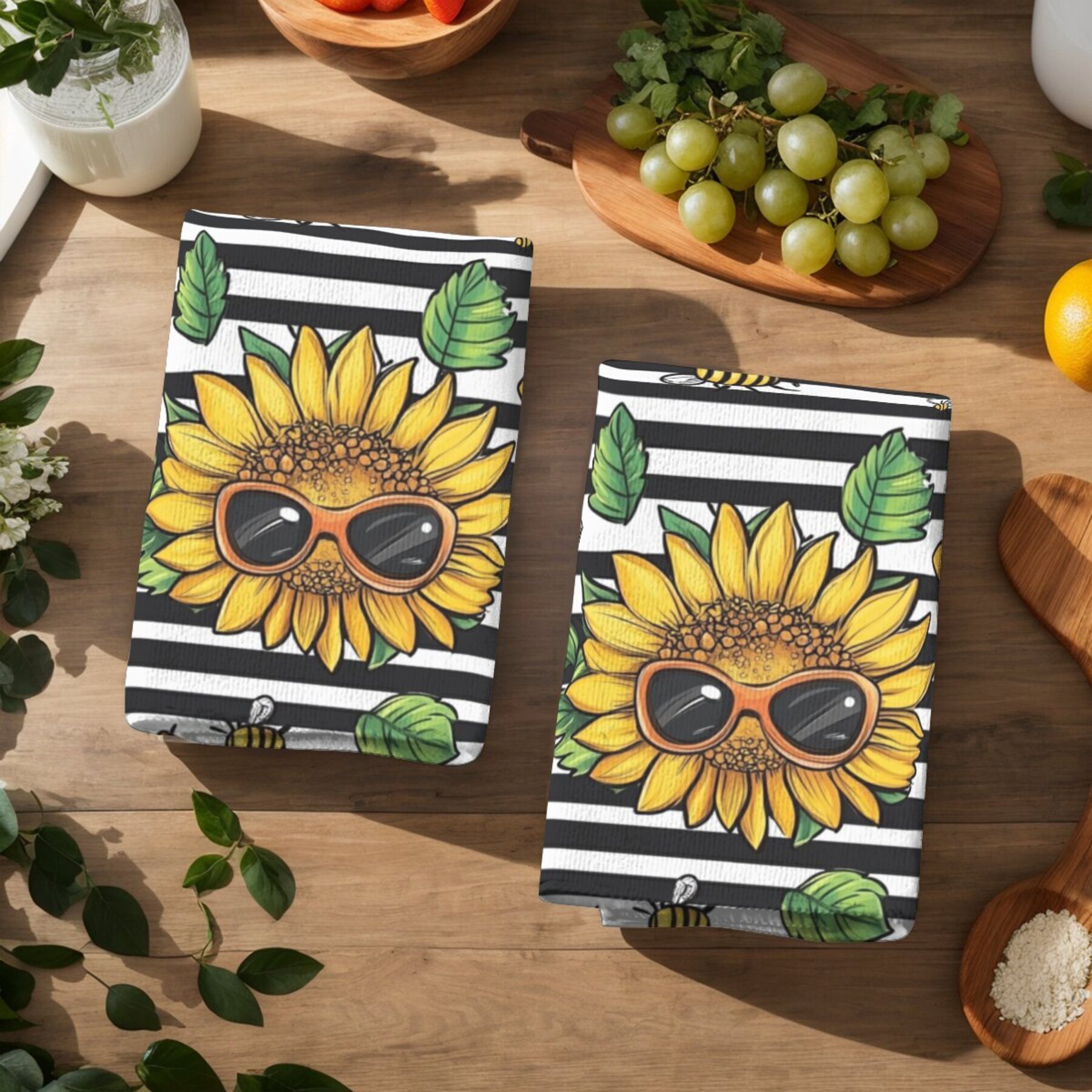 2pcs modern sunflower patterned polyester dish cloths, woven oblong hand wash only kitchen towels with floral theme, dish towels for kitchen details 7