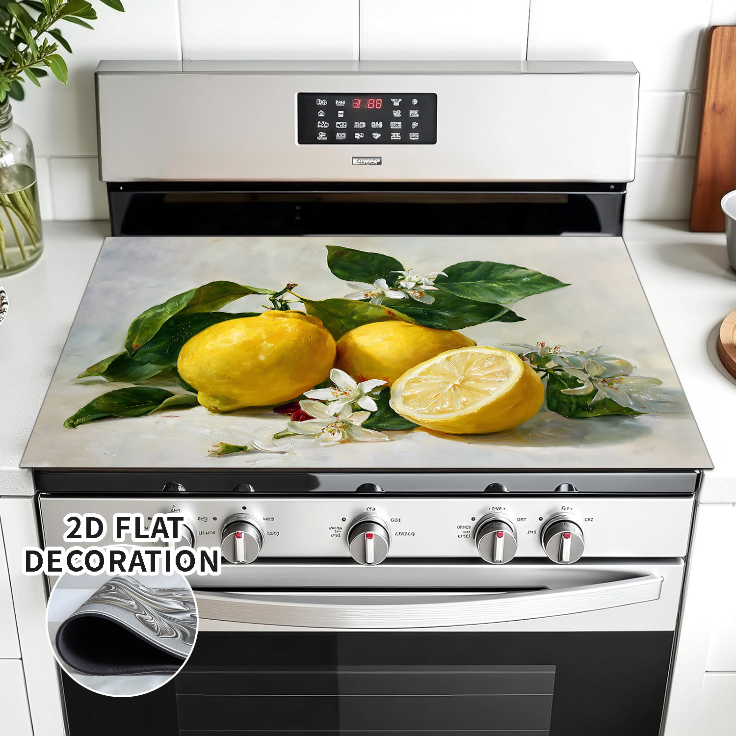 TEMU Integrated Stove Replacement Decorative Kit 2d Flat Classic Pattern One-piece - Lemons, Leaves & Flowers Design For Induction Cooktop With