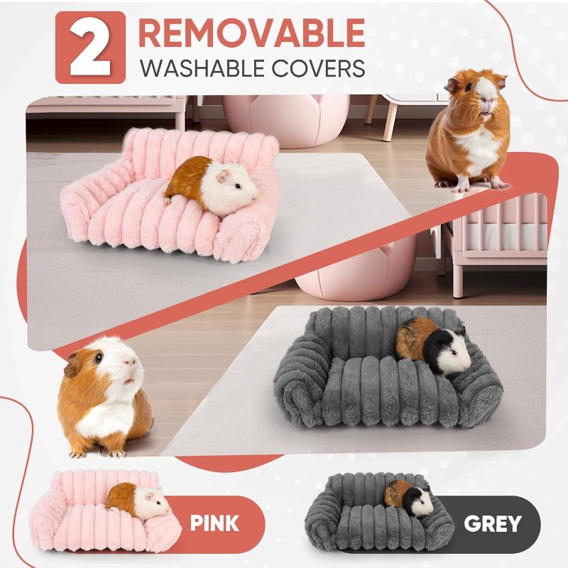 Guinea Pig Couch - Fluffy Small Pet Sofa with with Two Removable Washable Covers, Guinea Pig Bed with Stuffed Arms and Back, Cozy Corduroy Fleece, Pink and Dark Gray Respectively