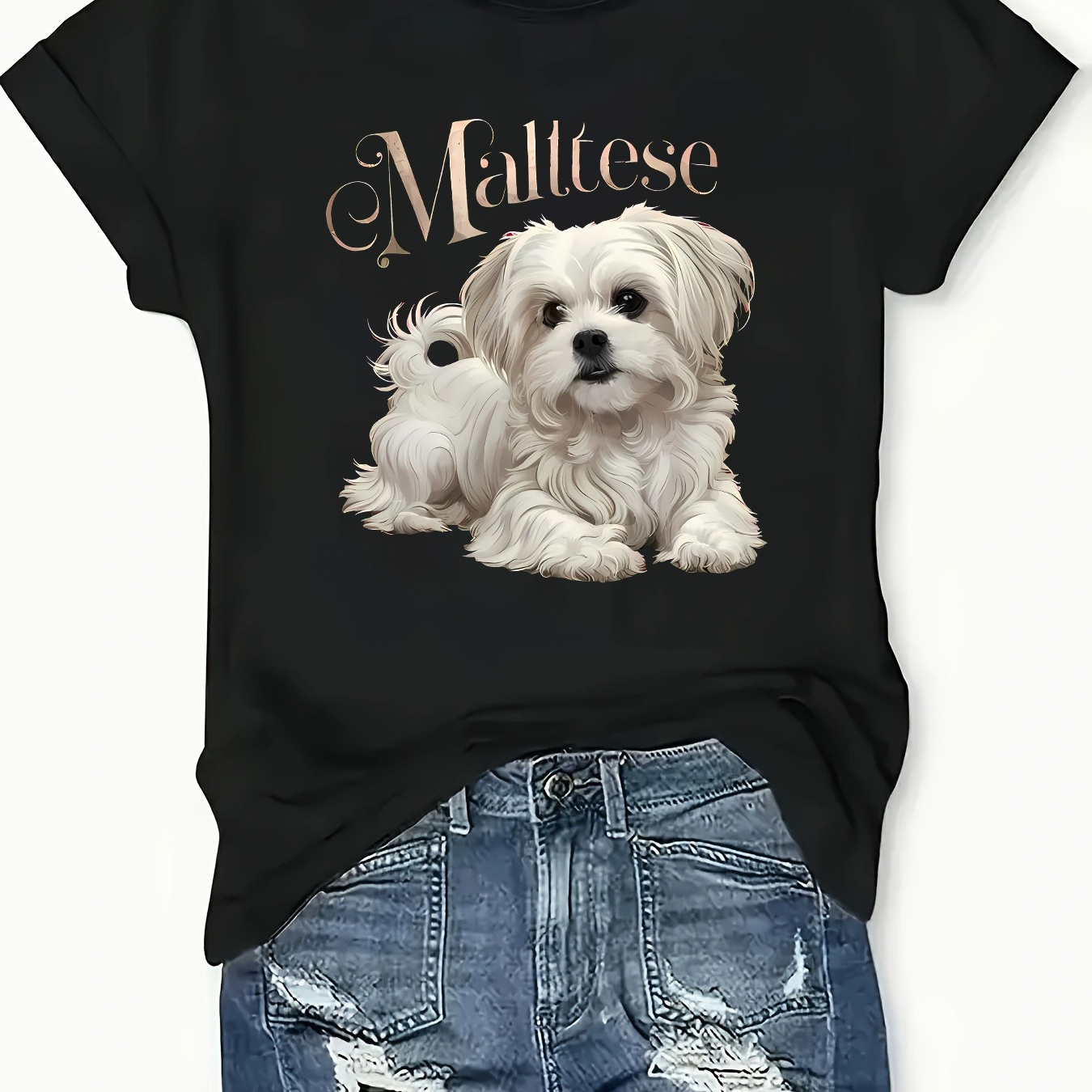 

Chic Women' Series -shirt With Cute Maltese Dog Print & Letter Detail - Casual Round Neck, Short Sleeve, Breathable Polyester Fabric, Machine Washable