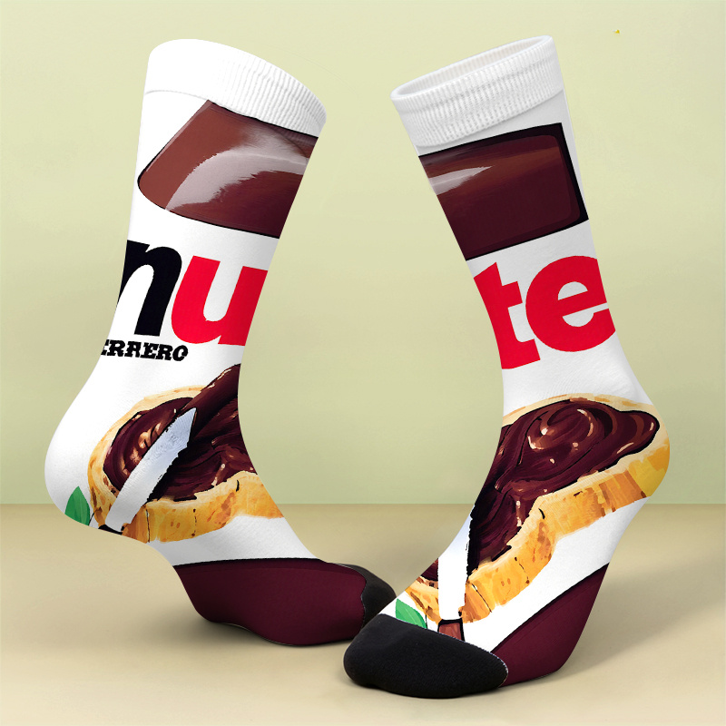 A Pair Of Printed Socks With Printed Patternssocks With Chocolate Spread Design - Artistic Printing For Unique Footweara Soft Comfortable Breathable Cute And Crazy Gift