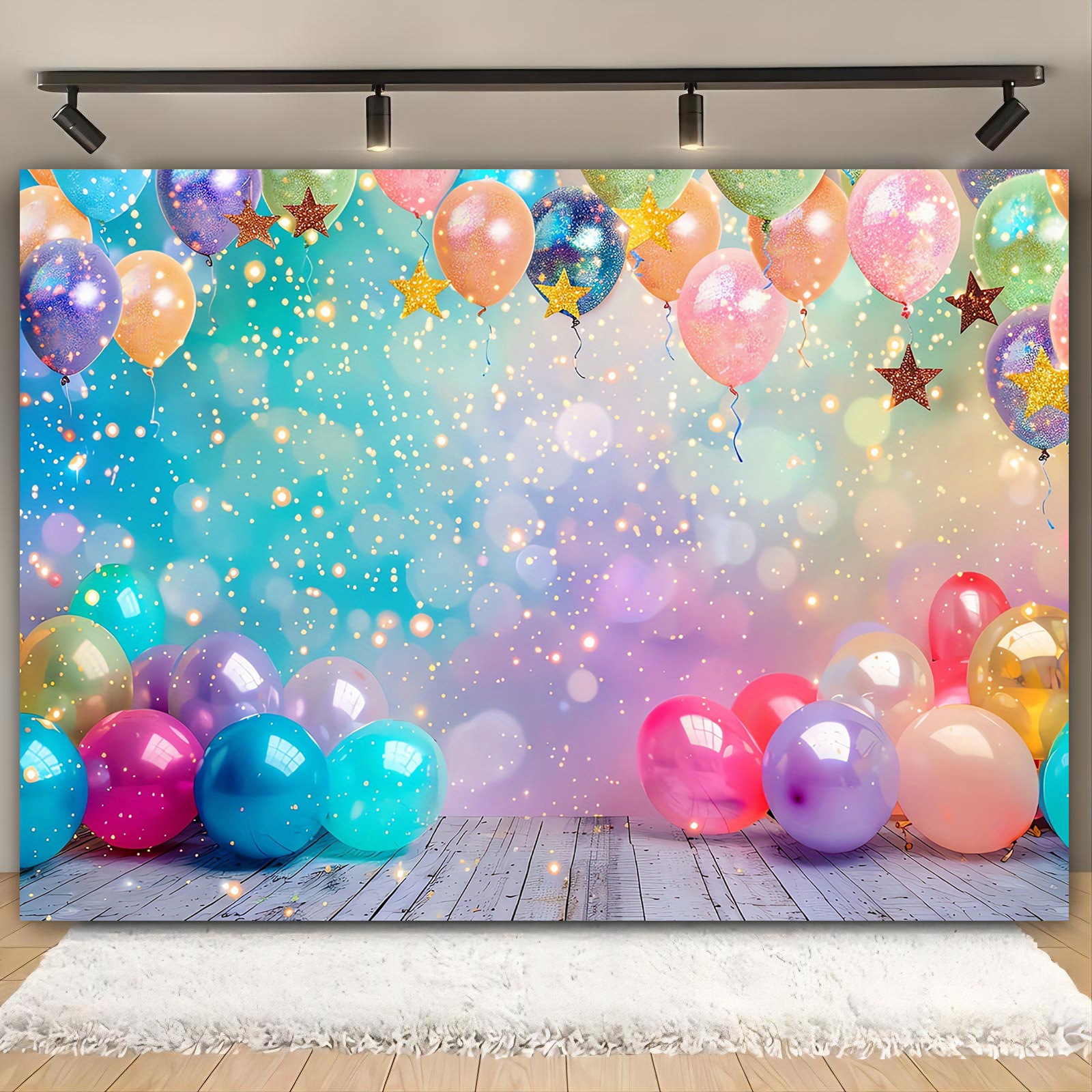 

1pc, All- Celebration Backdrop - Balloons & Sparkling Stars, Polyester Party Decor For Birthdays, Weddings, Anniversaries, 39x59in-70.8x90.5in, No Power Needed