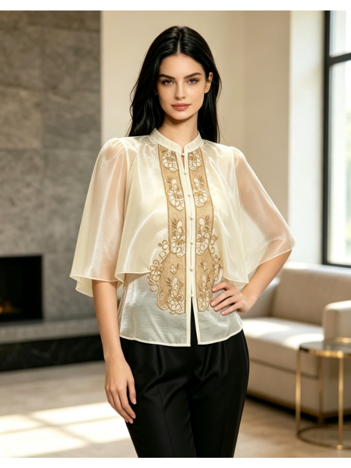 item picture chinese style embroidered cape shawl shirt for women traditional ethnic hollow out design versatile top with cape sleeves and   banquet toasting attire evening gown