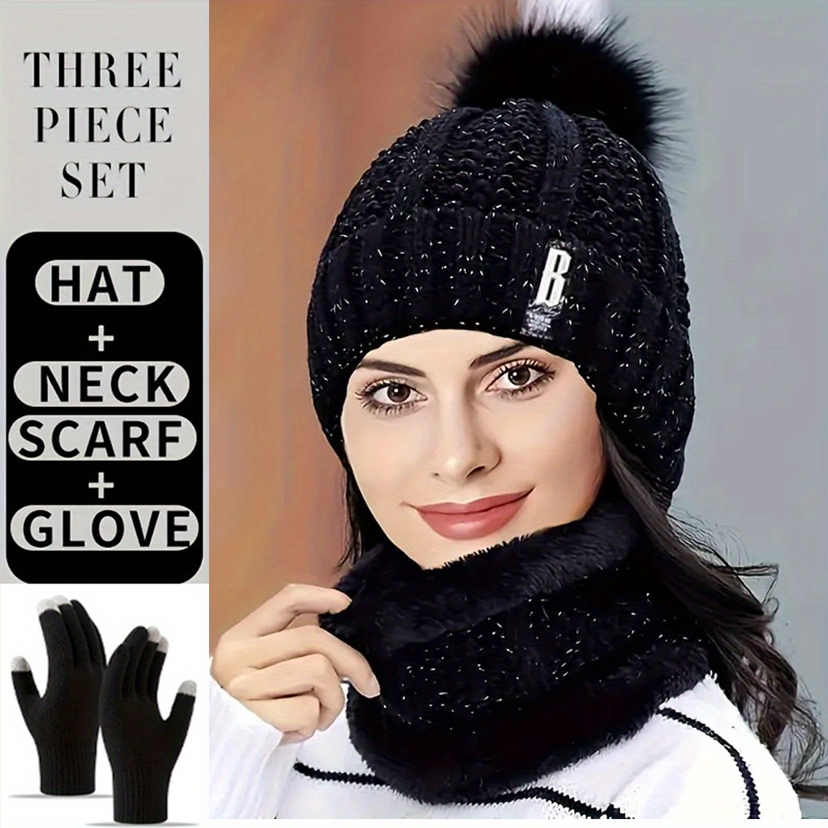 TEMU 3pcs Winter Scarf Hat Glove Set Thick Warm Skullies Beanies Hats For Women Solid Outdoor Snow Riding Ski Caps