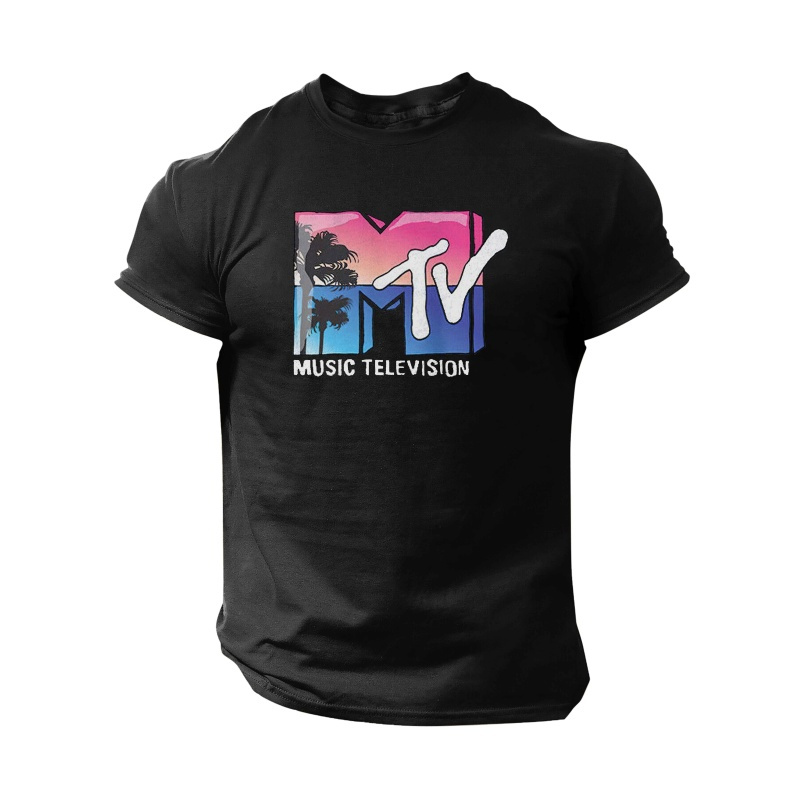 

1pc Mtv Music Television Print Men's Casual T-shirt, Polyester Short Sleeve Round Neck Tee For Summer - Black & White Options