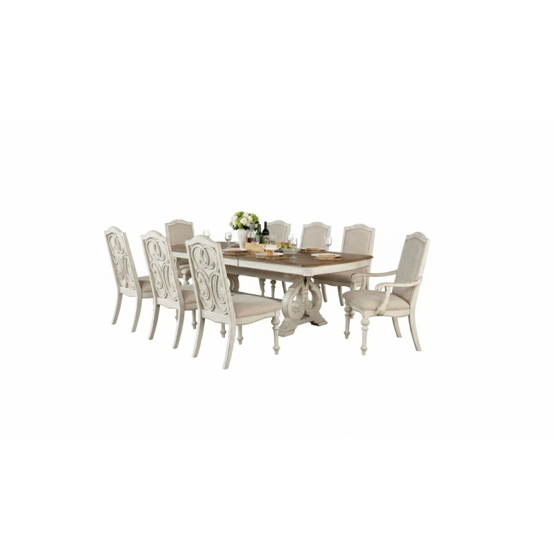antique white dining room 9pcs set table w leaf and 6x side chairs 2x arm chairs ivory fabric upholstered seat Product details 8
