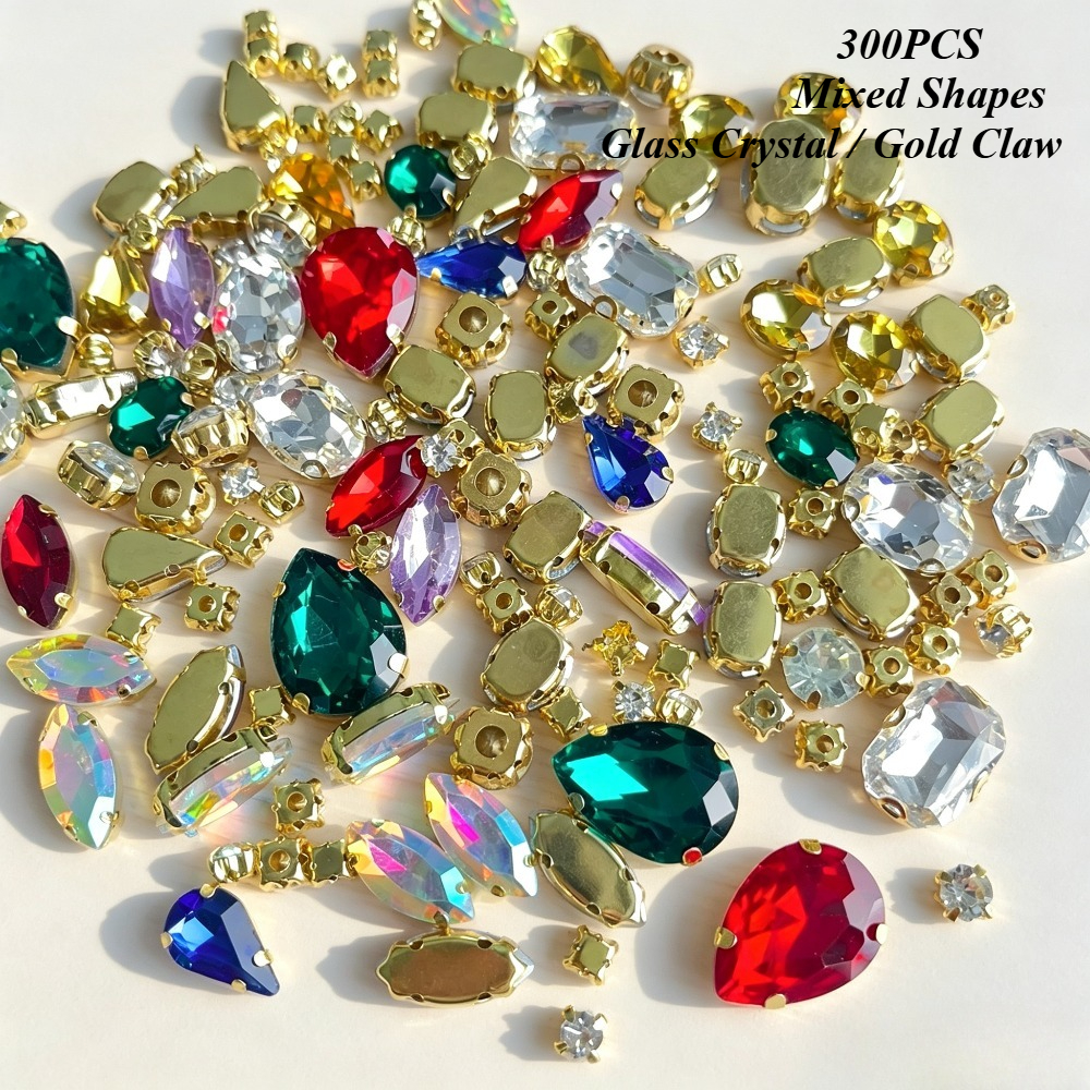 TEMU 300pcs Strass en verre de mixtes à coudre avec griffe dorée, pierres de couture en cristal multi-tailles pour vêtements, sacs, chaussures,