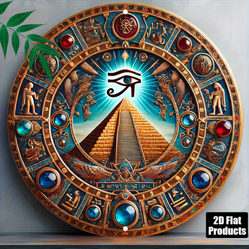 TEMU 2d Flat, 1pc Egyptian-themed Round Wall Decor Plaque - Golden Pyramid & Symbols Retro Art Suitable For Homes, Cafes, Bars, Egyptian , Panel For