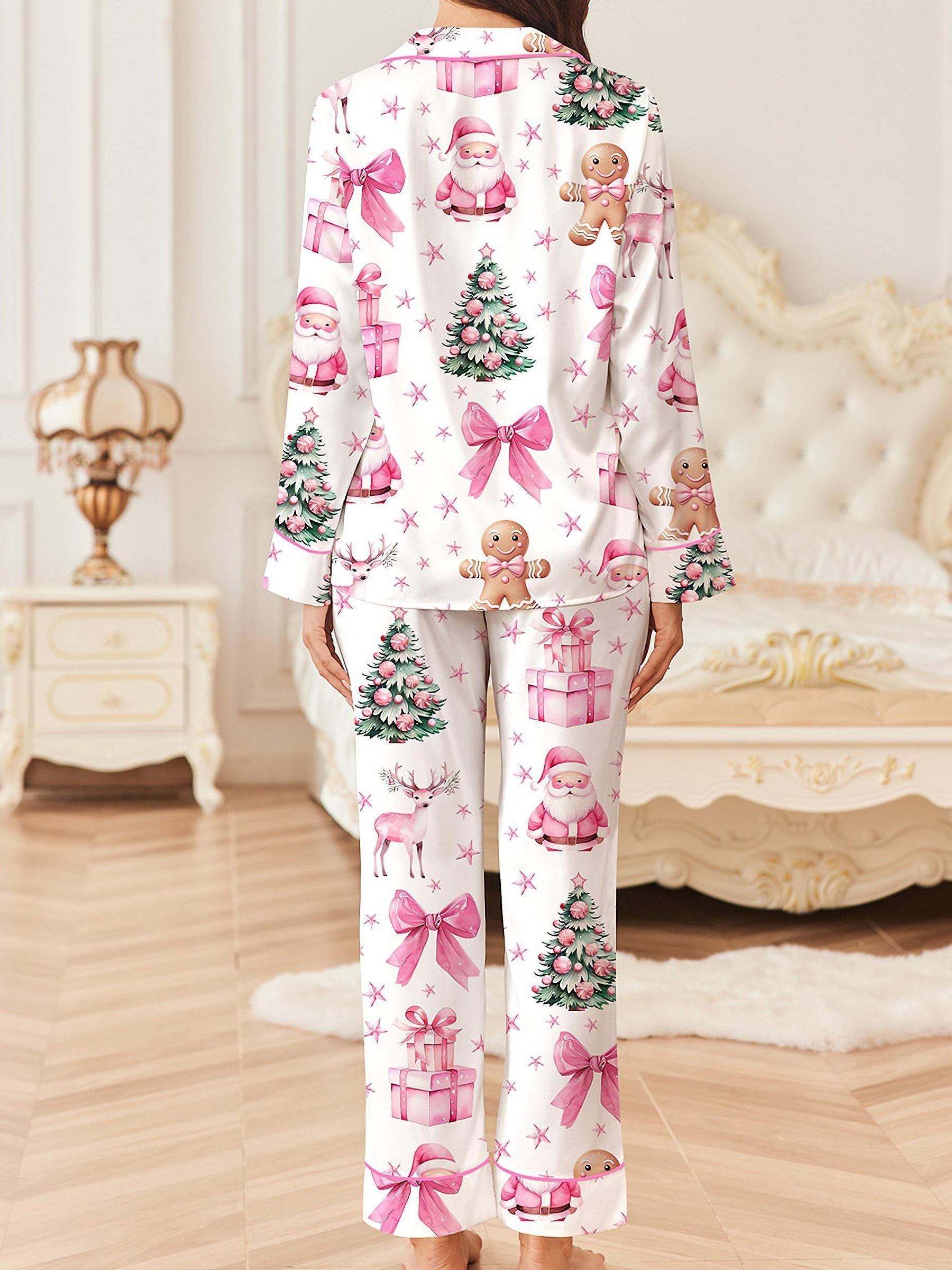 Coquette Pink Christmas Satin Pajama Set For Women, Allover Cartoon  Portrait Print Satin Pajama Set, Long Sleeve Buttons Lapel Top Elastic  Pants, Wo