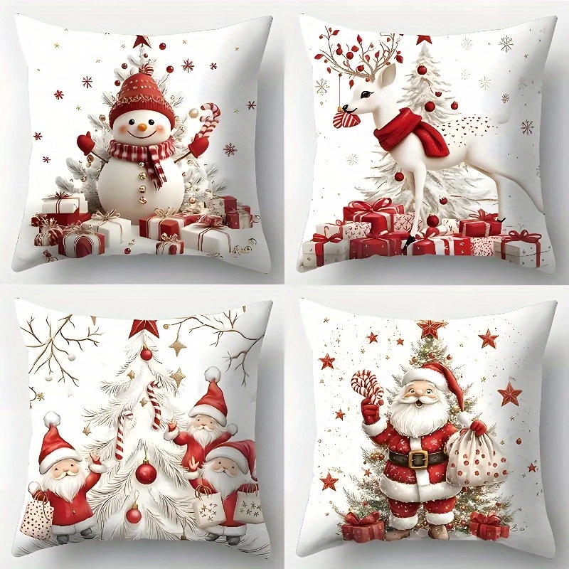 

4pcs Christmas Pillowcase Set - Snowman, Reindeer, Santa & Tree Designs For Sofa, Bedroom, Office & Farmhouse Decor - Zip Closure, Machine Washable Polyester