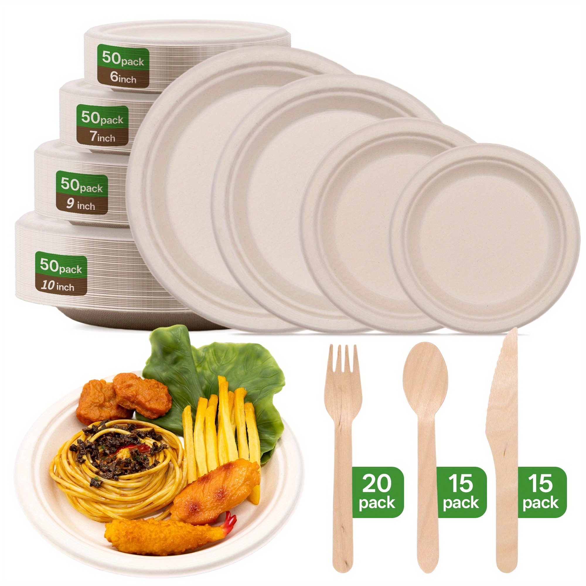50 plates + 50 knives, forks and spoons, high-quality heavy-duty plate set, thick, convenient and heat-resistant,   family  , picnics, parties, salads and desserts 0