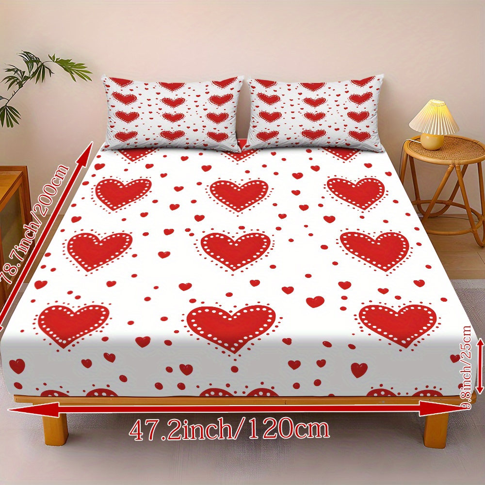 3pcs valentines day bedding set red hearts on white fitted sheet pillowcases soft mattress protector with deep pocket   to   machine washable   sheets for couples hotels dorms   design dorm essentials romantic decor durable construction hotel owners Product details 8