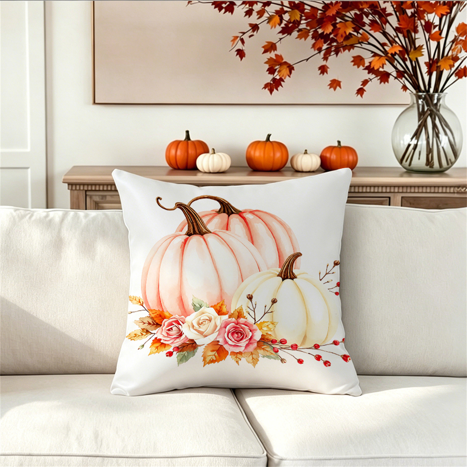 item picture 1pc pink and     watercolor fall throw pillow cover for thanksgiving day family gathering living room sofa decor