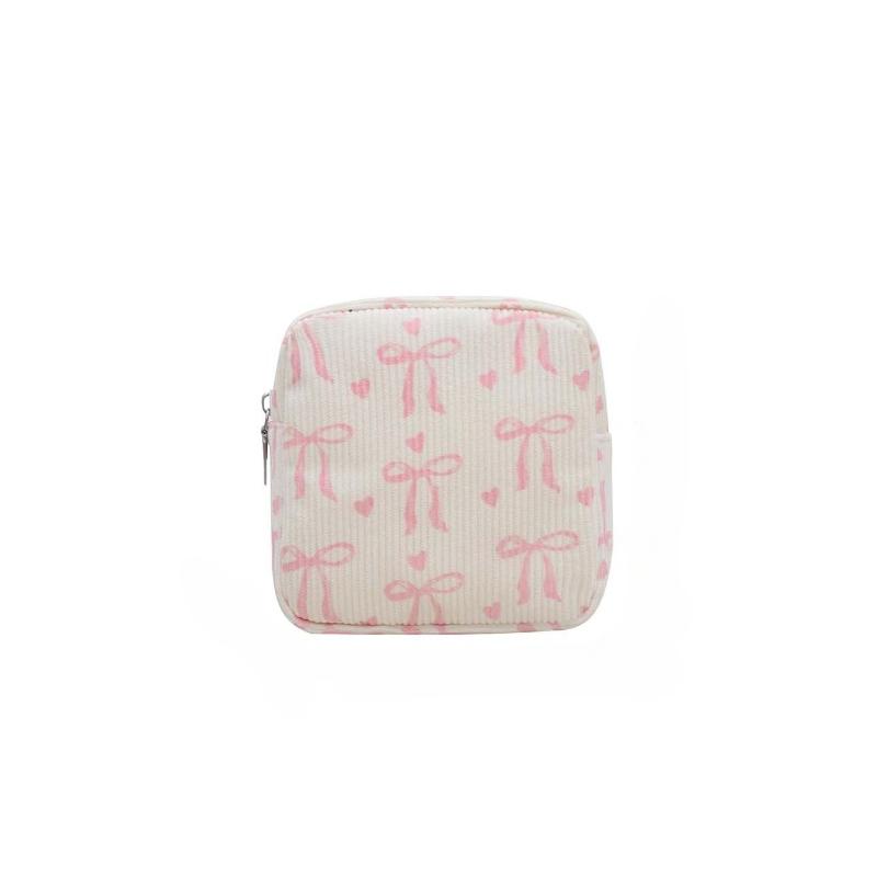 TEMU Corduroy Bow Heart Print Sanitary Pad Storage Bag, Menstrual Pad Portable Pouch, Tampon Bag For Period, Multifunctional Bag, Suitable For Data