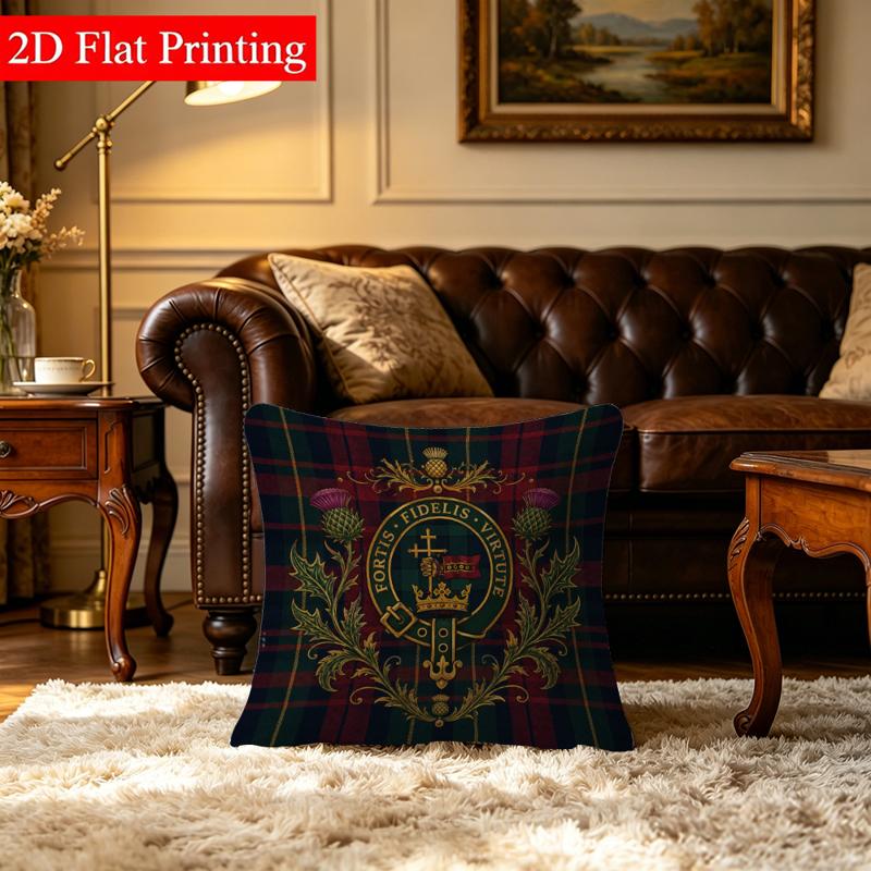 TEMU 1pc 2d Flat Printed Non-3d Double-sided Throw Pillow Cover, Tartan Pattern With & Crown, "fortis Fidelis " Text, 17.71 X 17.71 Inches, Zipper