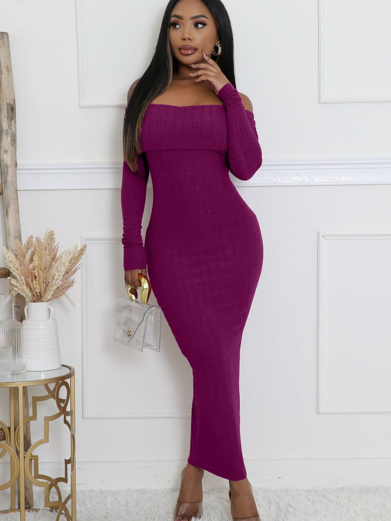 tight to flowy dress Modal Plunge Neck Long Sleeve Maxi Dress in White - XXL main image 1