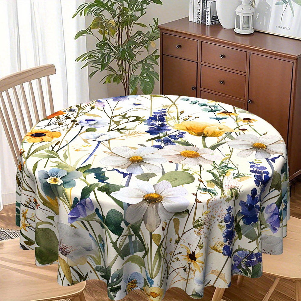 TEMU 1pc Round Tablecloth Suitable For Restaurant, Picnic, Bar Or Party Decoration - Watercolor Floral & With Blue, Yellow, Rustic , Machine-made