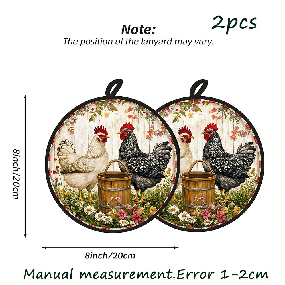 TEMU 2pcs Heat-resistant Suitable For Baking & Cooking - Rustic Farmhouse Round Non-slip Trivet Mats With Chicks & Floral Pattern, Machine Washable