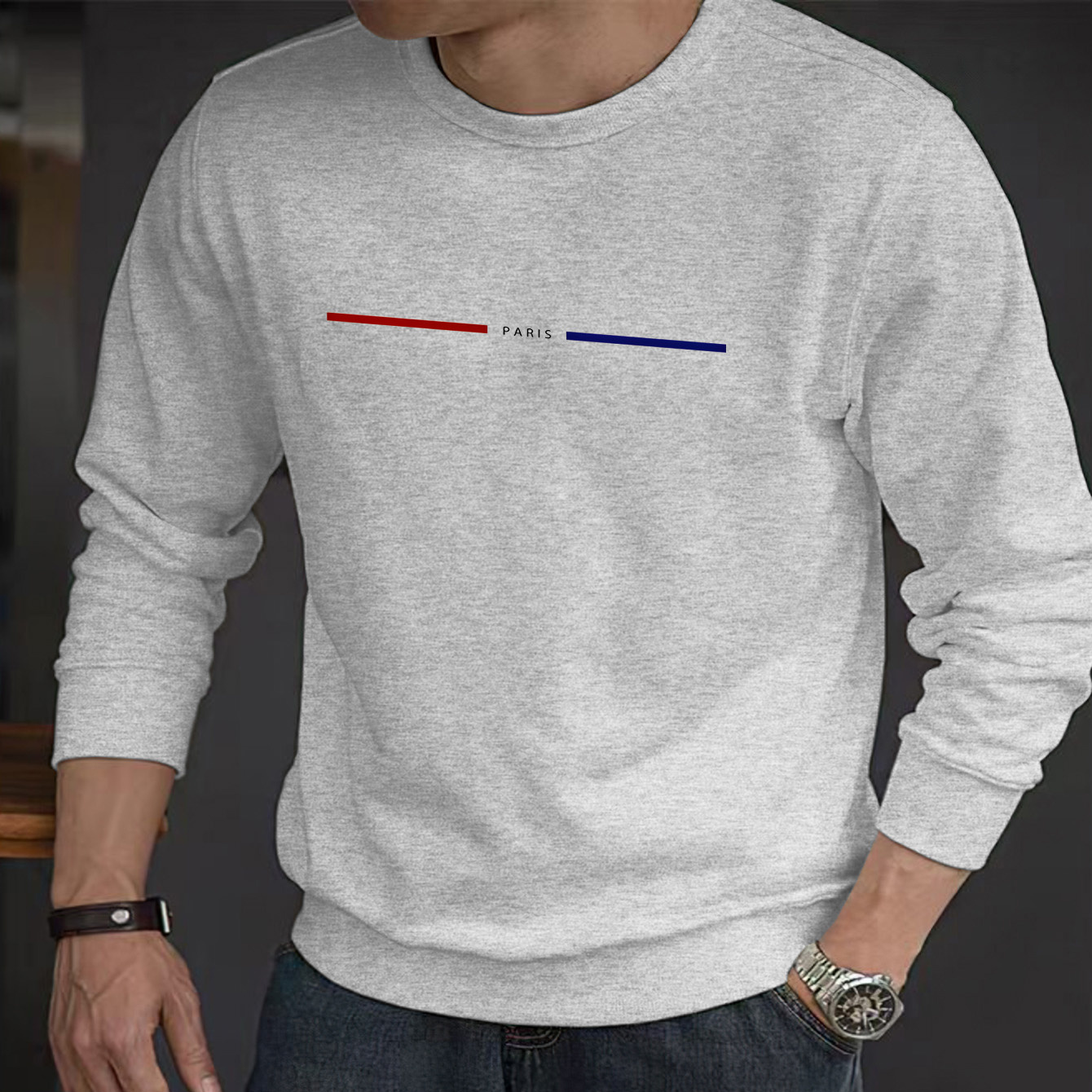 

Men's Polyester Knit Sweatshirt - Regular Neck Fashion Sweater With Stretch, Design, And Minimalist Paris Lettering For Spring/autumn