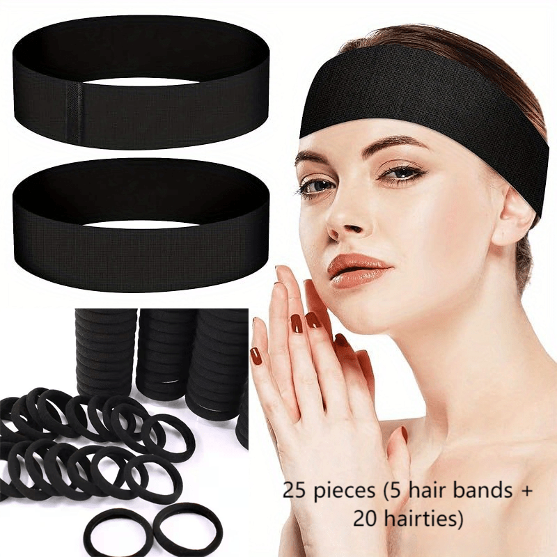 TEMU 25pcs Disposable Spa Facial Hair Band & Hair Tie Set (5 Hair Bands + 20 Hair Ties), Adjustable Hook & Loop Elastic Headbands, Soft Non-facial