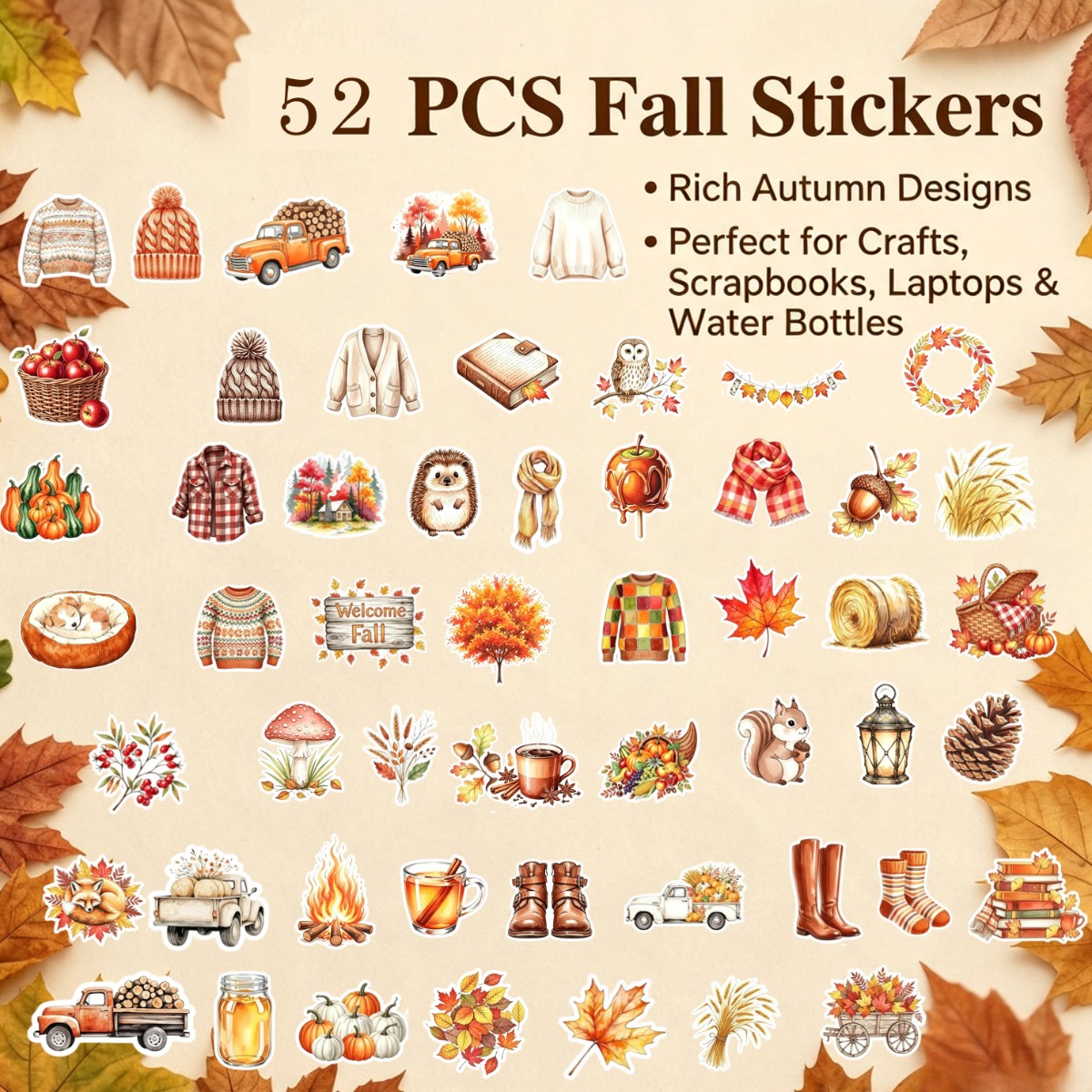 TEMU 52pcs Fall Stickers Thanksgiving Autumn Waterproof Vinyl Sticker Pack Maple Leaf, Pumpkin, Thanksgiving Autumn Stickers | Vinyl Sticker Pack For