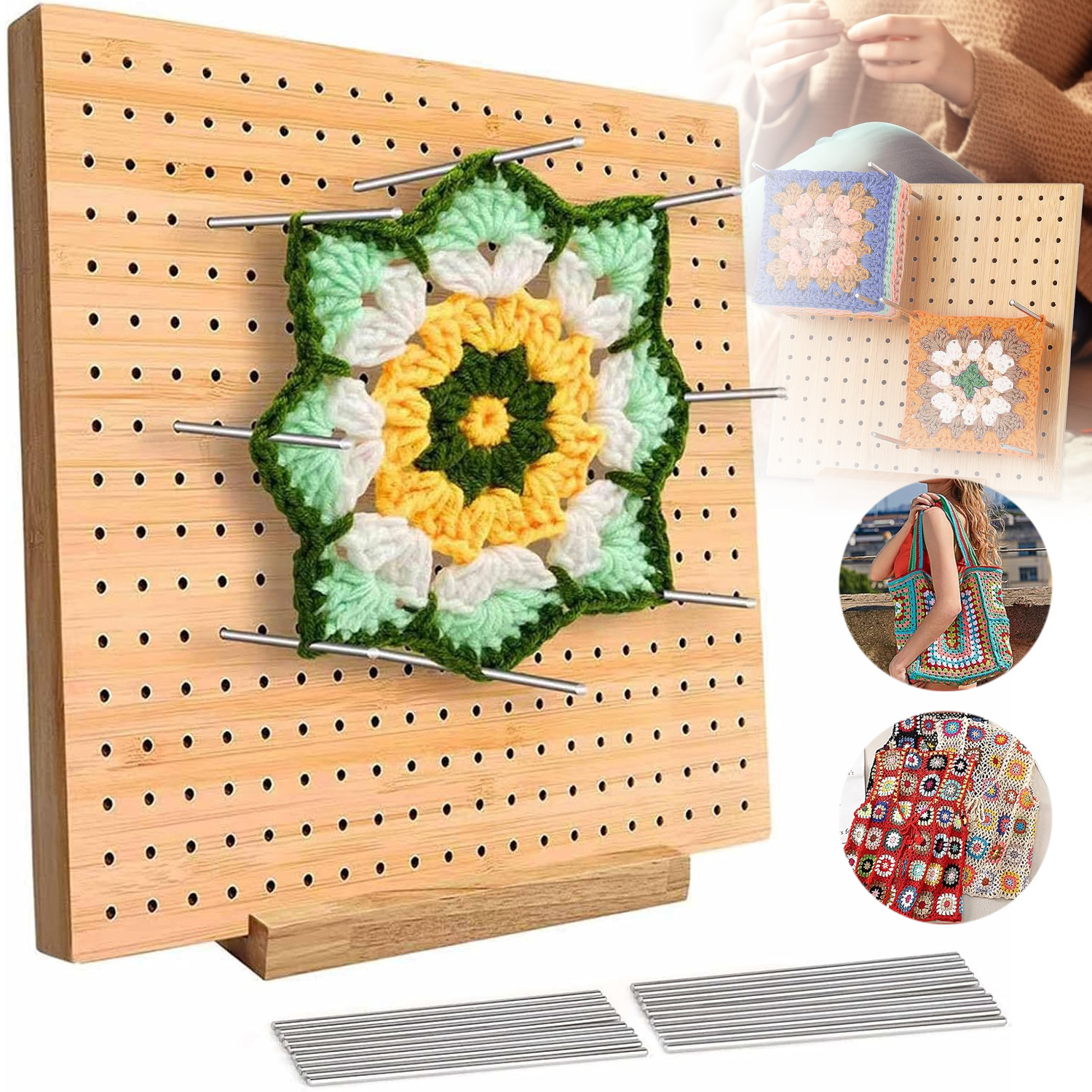 1 Set Blocking Mats Blocking Board For Crocheting With 20 Stainless Steel Rods Crochet Blocking Board Large Base Granny Square
