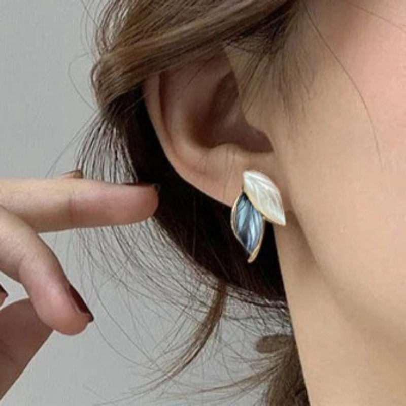 Vintage Enamel White and Blue Leaf Stud Earrings, Bohemian Style